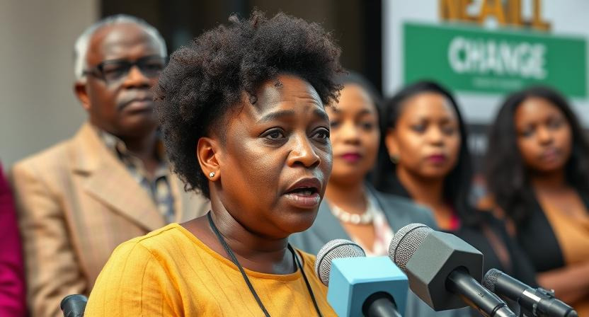 An advocate speaking at a press conference.