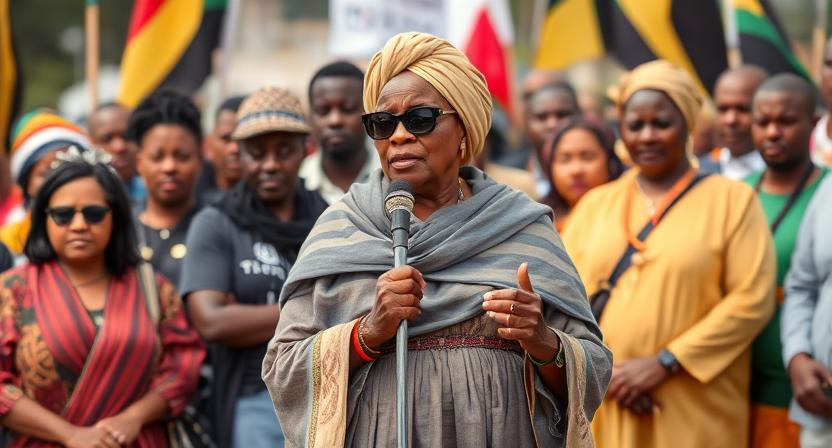 A blind community leader speaking at a community event.