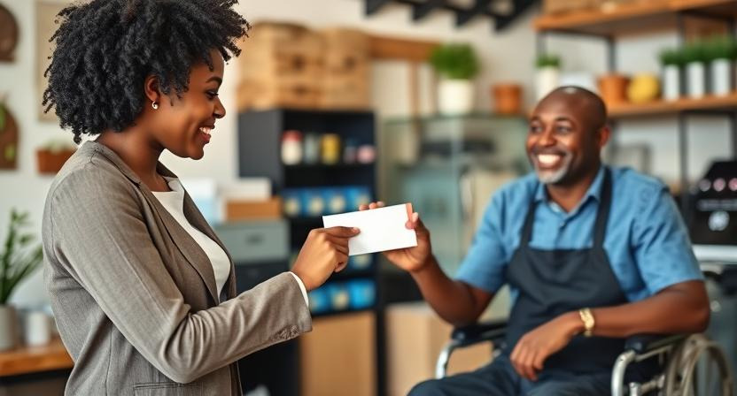 Business lady handing a cheque to a businessman in a wheelchair