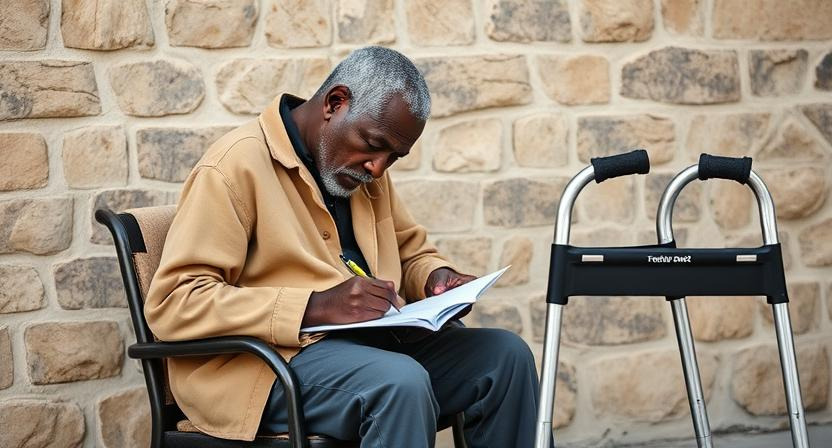 A man sitting down and writing with his walker beside him.