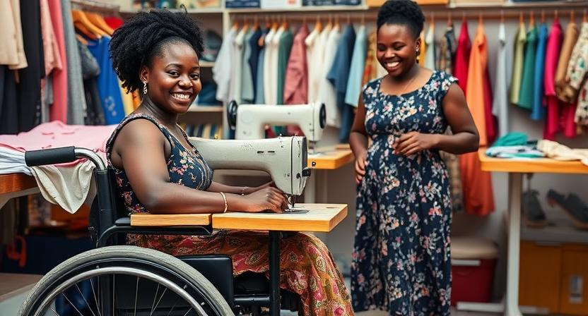 A lady at her sewing shop interacting with a client.